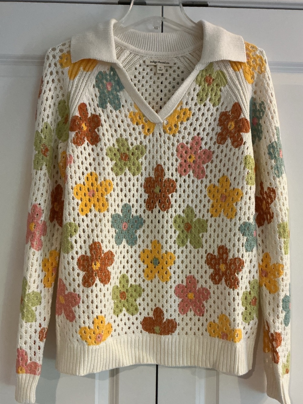 indigo thread co. Women's Cream Open-Knit Crochet Floral Collared Sweater M NWOT